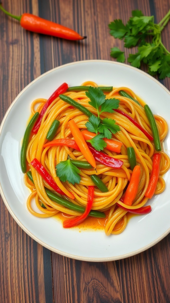 A plate of spicy Indian noodles with vegetables, garnished with cilantro on a rustic wooden table.